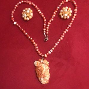 Pearl and Coral Necklace & Clip On Earrings